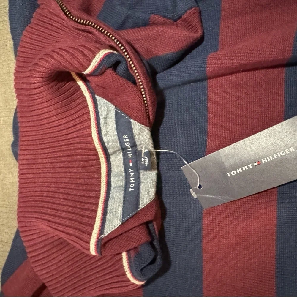 NWT Tommy Hilfiger Men's Red and Blue Striped Sweater